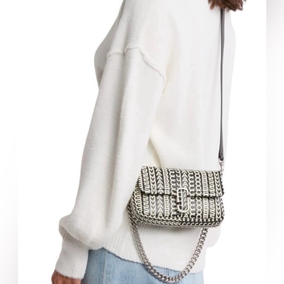 NEW MARC JABOBS Logo Monogram Silver Chain Leather Crossbody Bag Black Cream - Picture 1 of 9